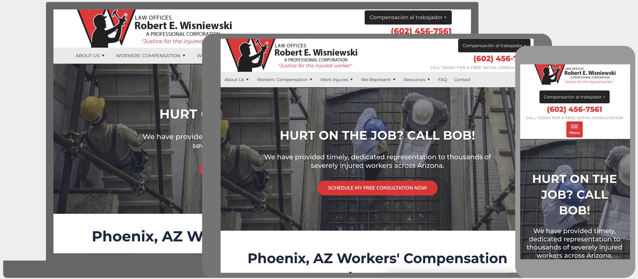 Law Offices of Robert E. Wisniewski: Work injury attorney web design: we improved conversions through better site structure and quality content.