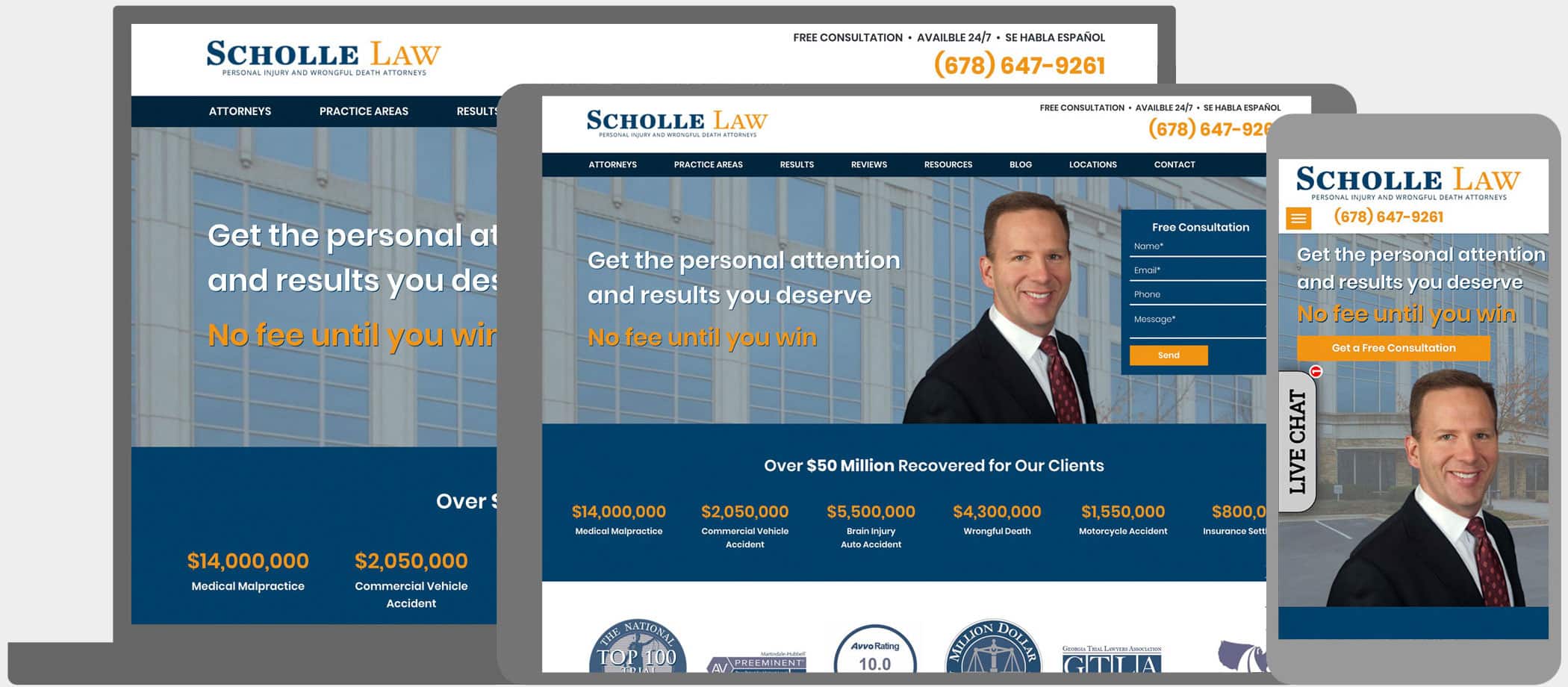 Scholle Law: SEO friendly design featuring analytics & reporting, blog, custom landing pages, custom local pages, custom reviews system, knowledge center, responsive site and social media