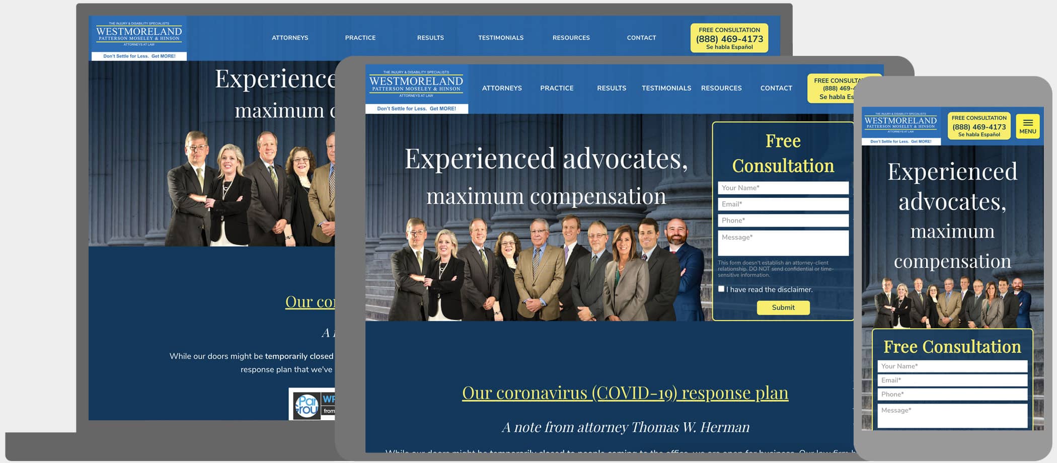 Westmoreland Patterson Moseley & Hinson, L.L.P: SEO friendly design featuring analytics & reporting, blog, and responsive site
