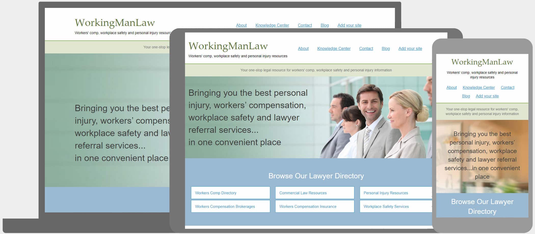 WorkingManLaw.com: Responsive web design and search engine marketing for an exclusive online legal directory for workers' compensation attorneys.