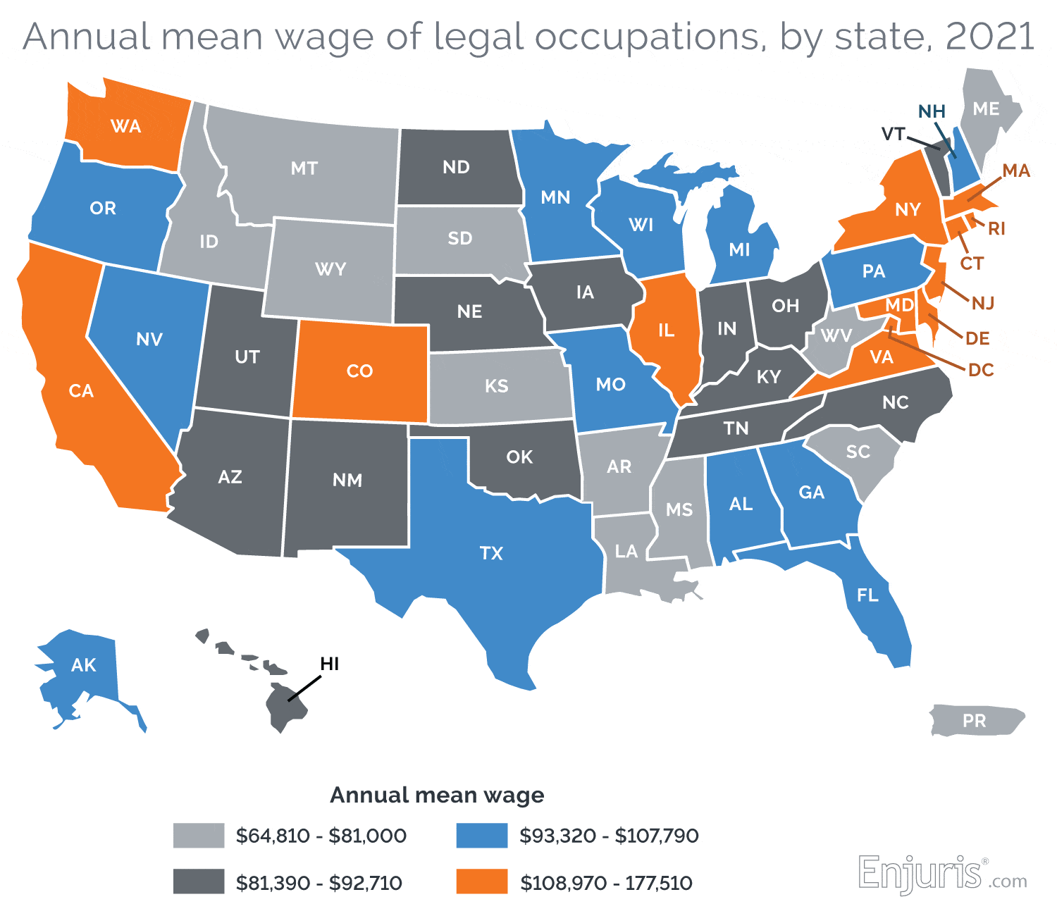 Annual mean wage of legal occupations, by state, 2021